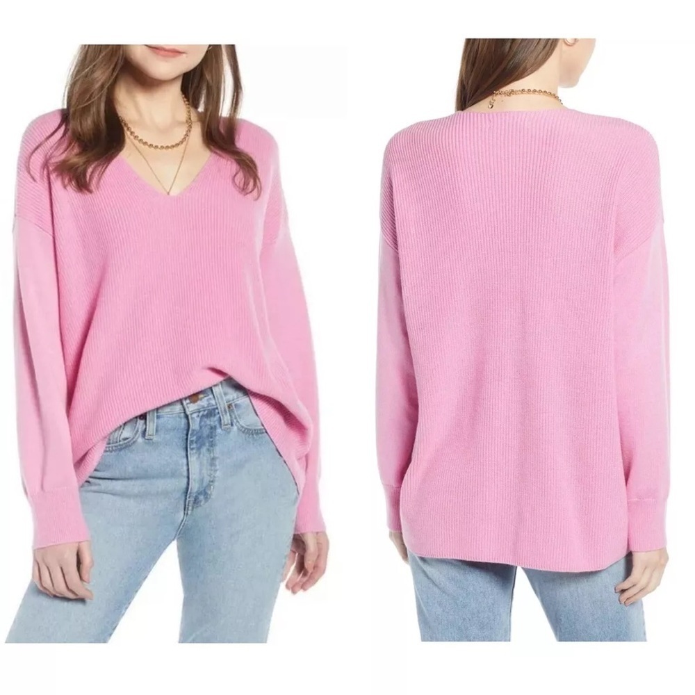 Something Navy Women XS Pink Ribbed Wool Blend Oversized Slouchy V-Neck Sweater